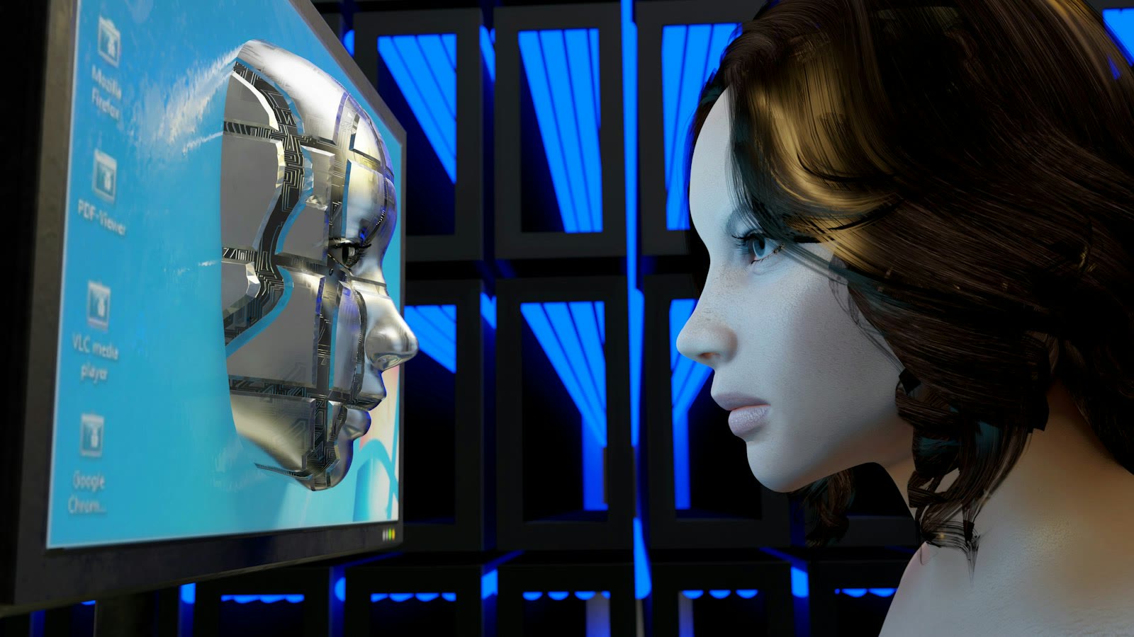 a female mannequin is looking at a computer screen