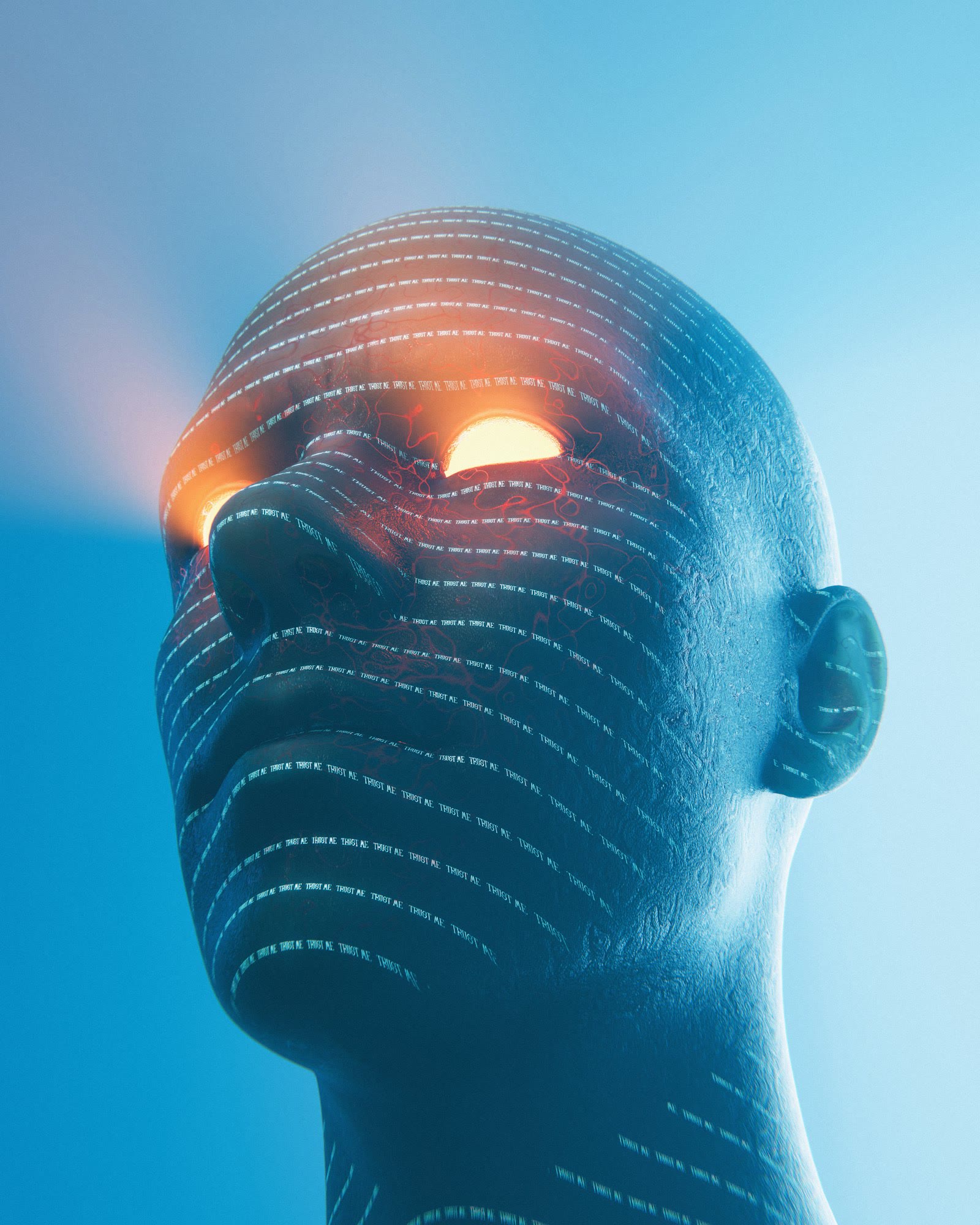 Glowing eyes emanate from a digital face.